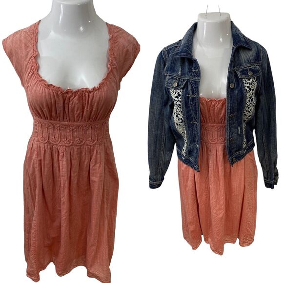 Studio M Dress Womens Medium Cottagecore Peasant Denim Jacket Orange Blue Lace - Picture 1 of 16